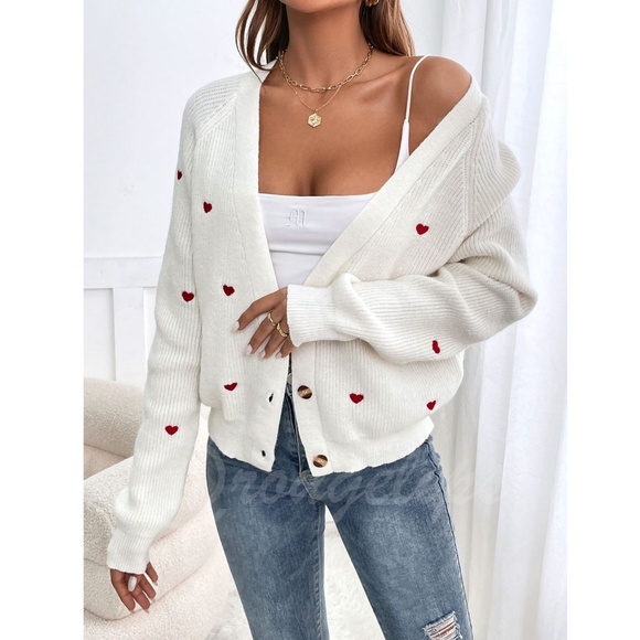 Red Hearts on Cream Knit Cardigan Oversized Long Sleeve Buttons Embroidered - Picture 2 of 15
